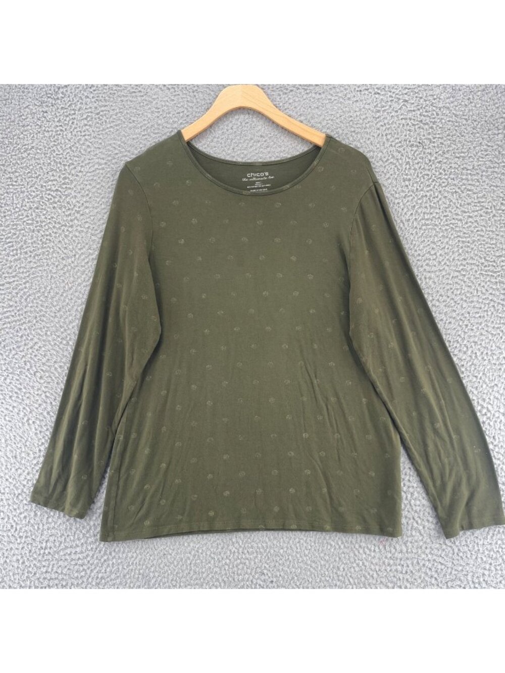 Chicos Top Womens 1 US Medium Ultimate Tee Green Faded Polka Dots Long Sleeves